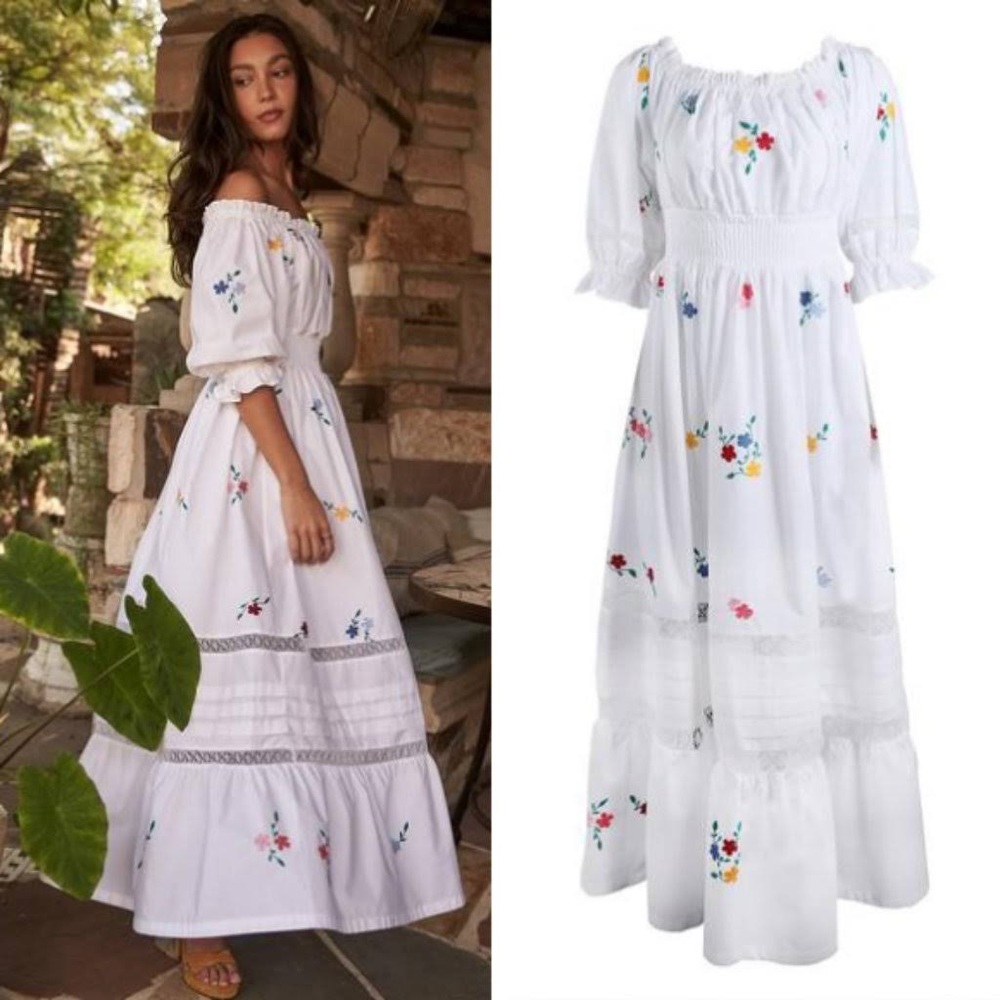 White Maxi Dress with Embroidery. Mi Golondrina. XL.